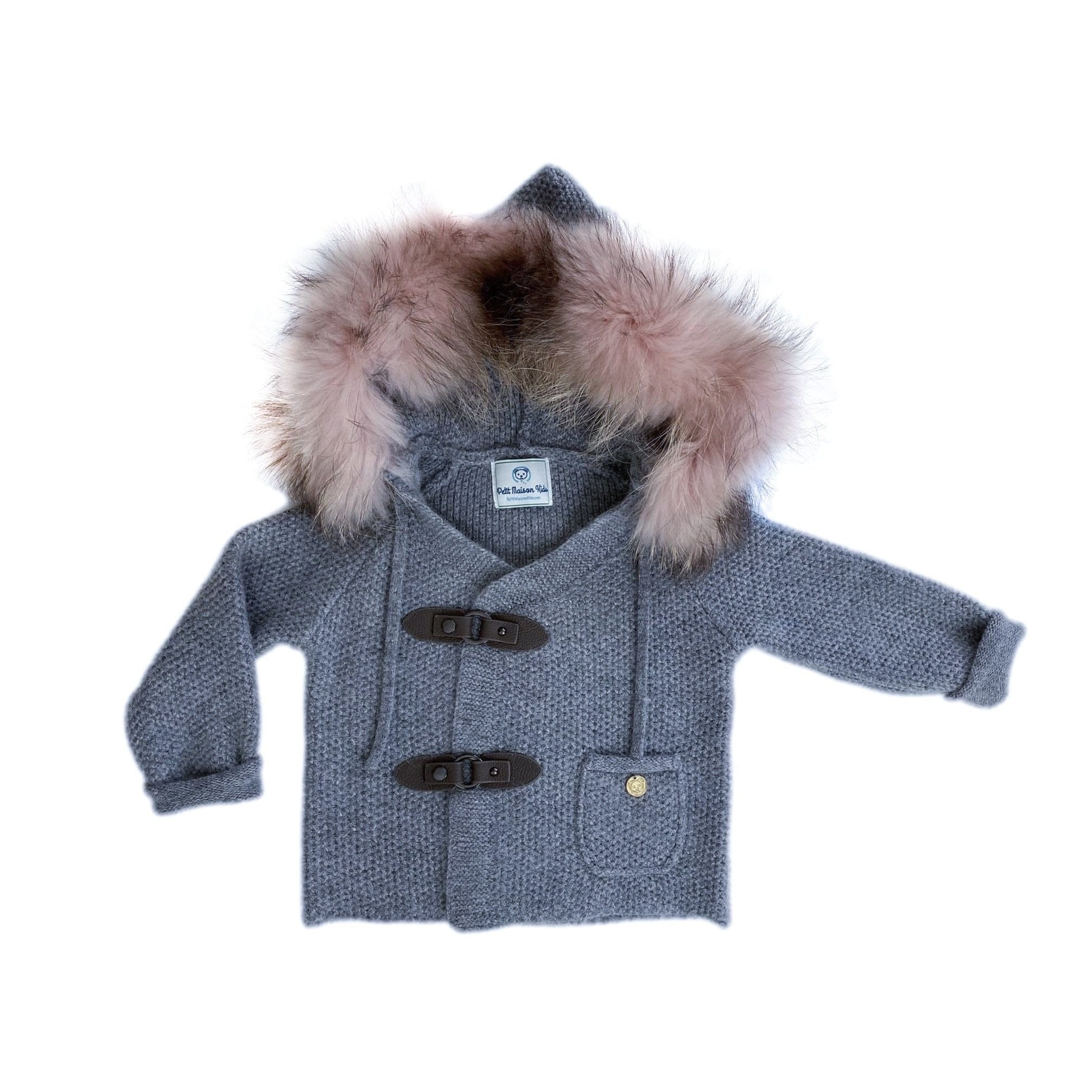 Honeycomb Grey Cashmere Pram Coat with Faux Fur Pink Trim | petite maison kids