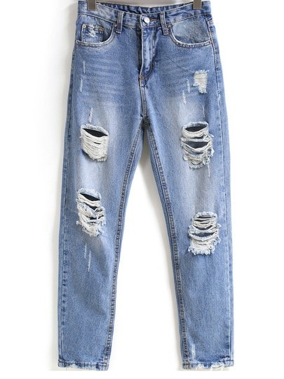 Blue Bleached Ripped Pockets Denim Pant | SHEIN