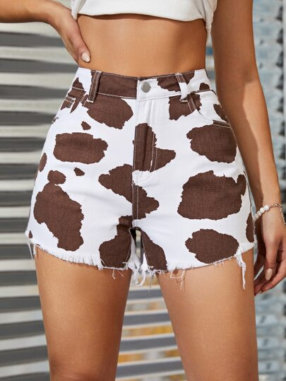 High Waist Cow Print Raw Hem Denim Shorts | SHEIN