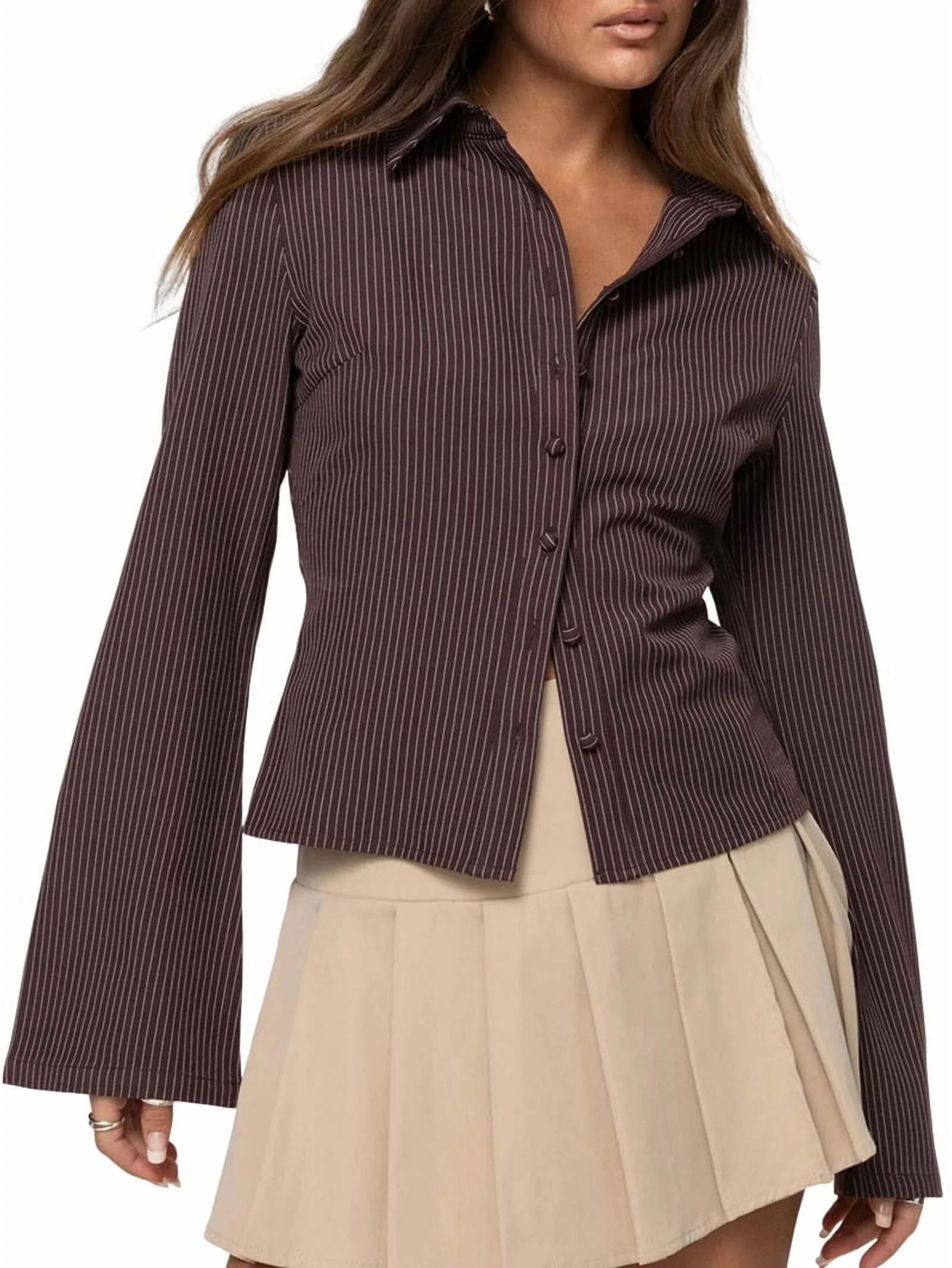 Women'S Button Down Shirts Striped Long Sleeve Collared Casual Work Blouses Tops Trendy Outfits D... | Walmart (US)