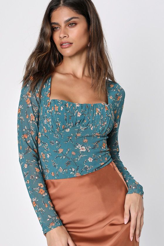 Blooming with Bliss Teal Floral Ruched Square Neck Bodysuit | Lulus (US)
