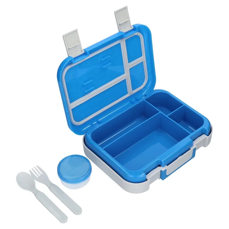 Mainstays Kids 4-Compartment Plastic Bento Box with Removable Tray, Fork, Spoon, and Dressing Con... | Walmart (US)