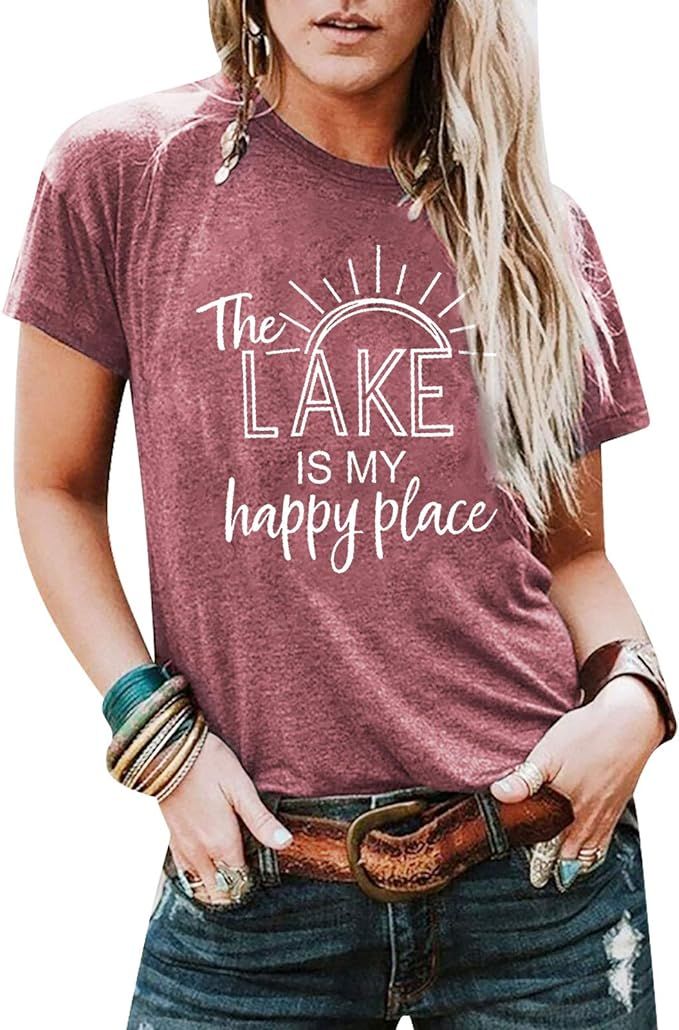 KIDDAD The Lake is My Happy Place Shirt Womens Lake Life T-Shirt Short Sleeve Summer Casual Tee T... | Amazon (US)