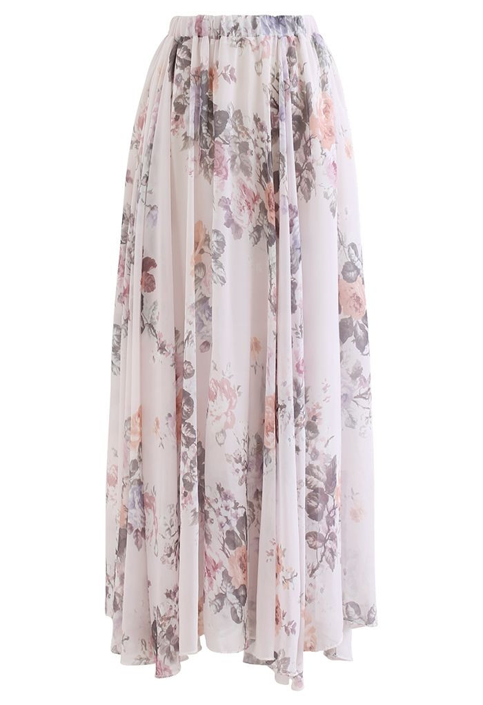 Faint Peony Watercolor Chiffon Maxi Skirt | Chicwish