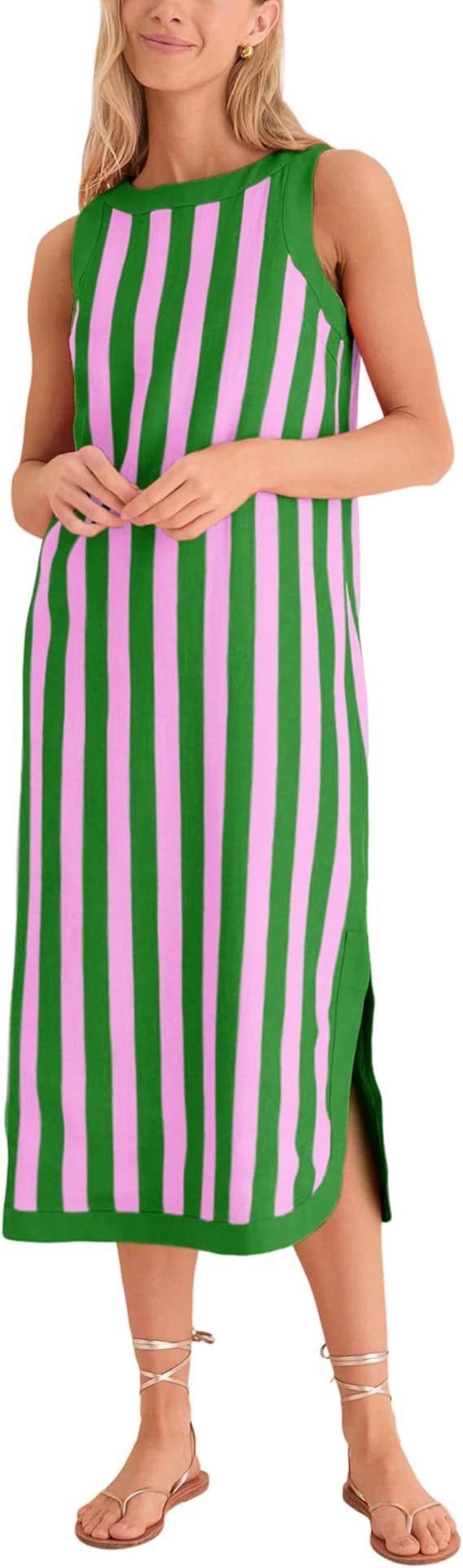Yidarer Women's Striped Sleeveless Midi Dress Crewneck Side Slit Casual Summer Beach Vacation Shi... | Amazon (US)