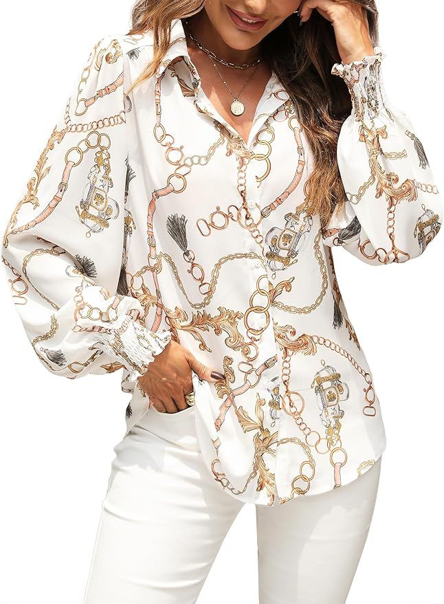 2024 Women's Printed Button Down Shirts Blouse Dressy Casual Lantern Long Sleeve Loose Tops | Amazon (US)