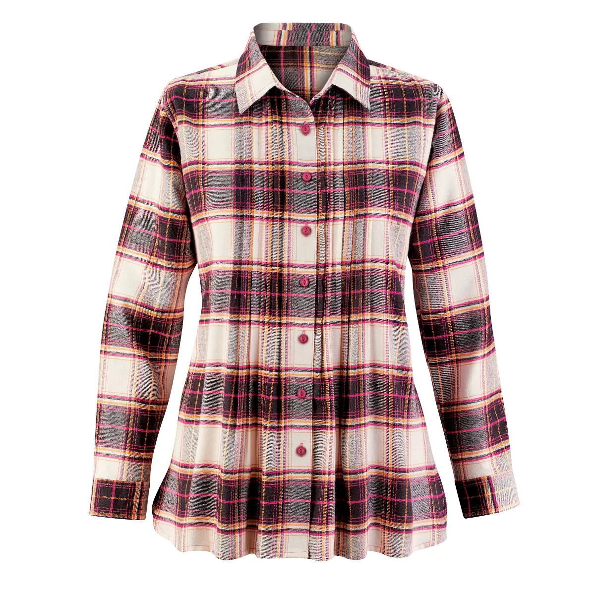 Collections Etc Button Front Plaid Pintucked Flannel Long Sleeve Shirt | Target