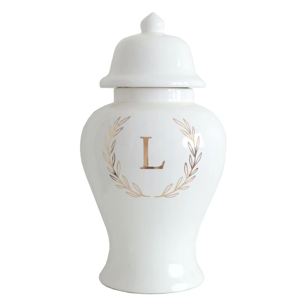 Single Letter Laurel Wreath Monogram Ginger Jars in White | Lo Home by Lauren Haskell Designs