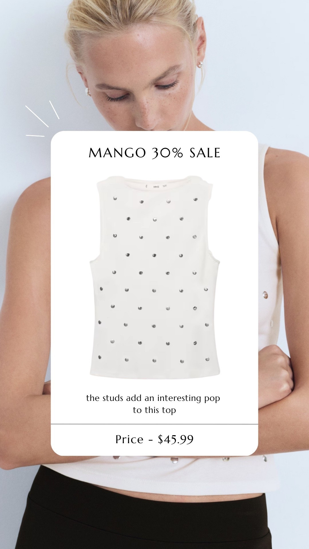 Studs. White top. What top. Mango sale. 

#LTKSaleAlert #LTKFindsUnder50 #LTKSeasonal