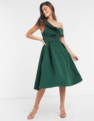 ASOS DESIGN drape fallen shoulder prom midi dress in forest green | ASOS (Global)