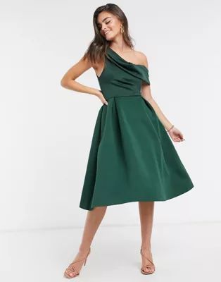 ASOS DESIGN drape fallen shoulder prom midi dress in forest green | ASOS (Global)