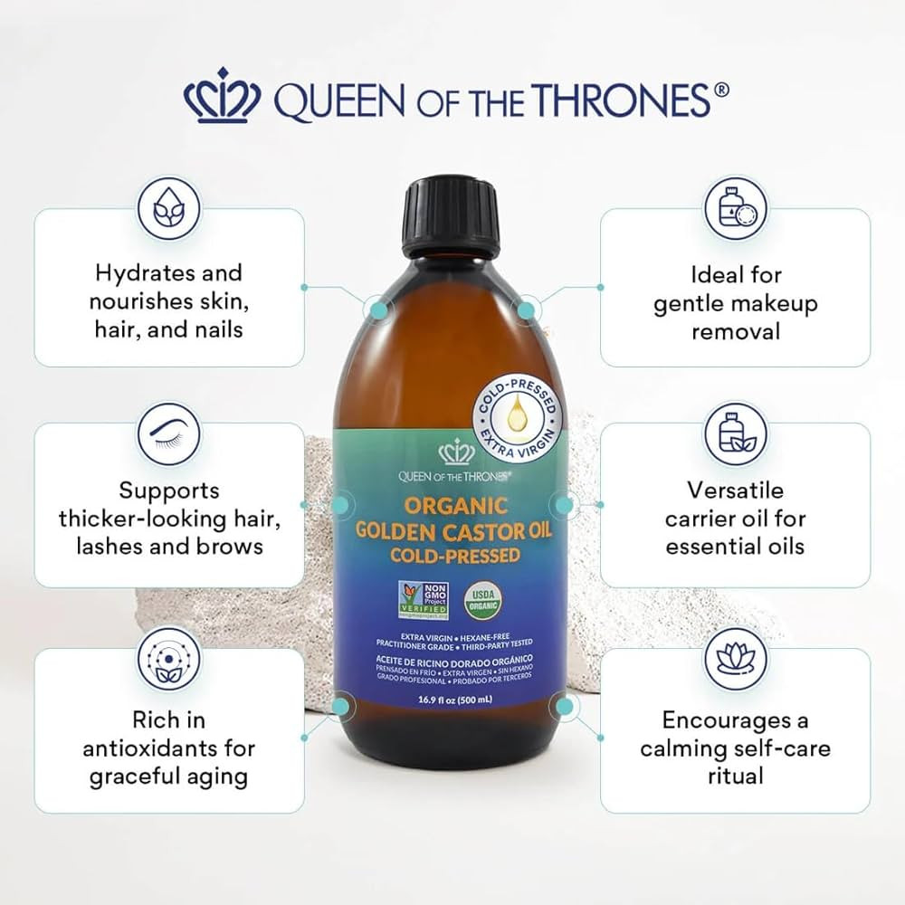 QUEEN OF THE THRONES Organic Golden Castor Oil | 100% Pure for Hair, Skin, Nails, Brows & Lashes ... | Amazon (US)