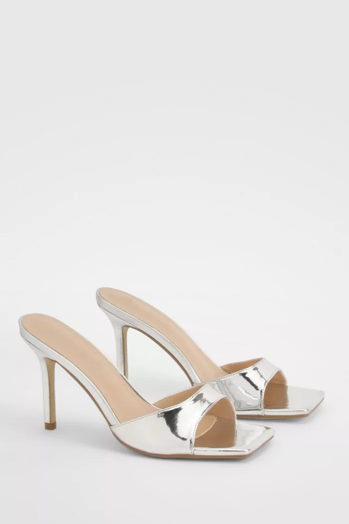 Metallic Patent Square Toe Heeled Mules | boohoo (US & Canada)