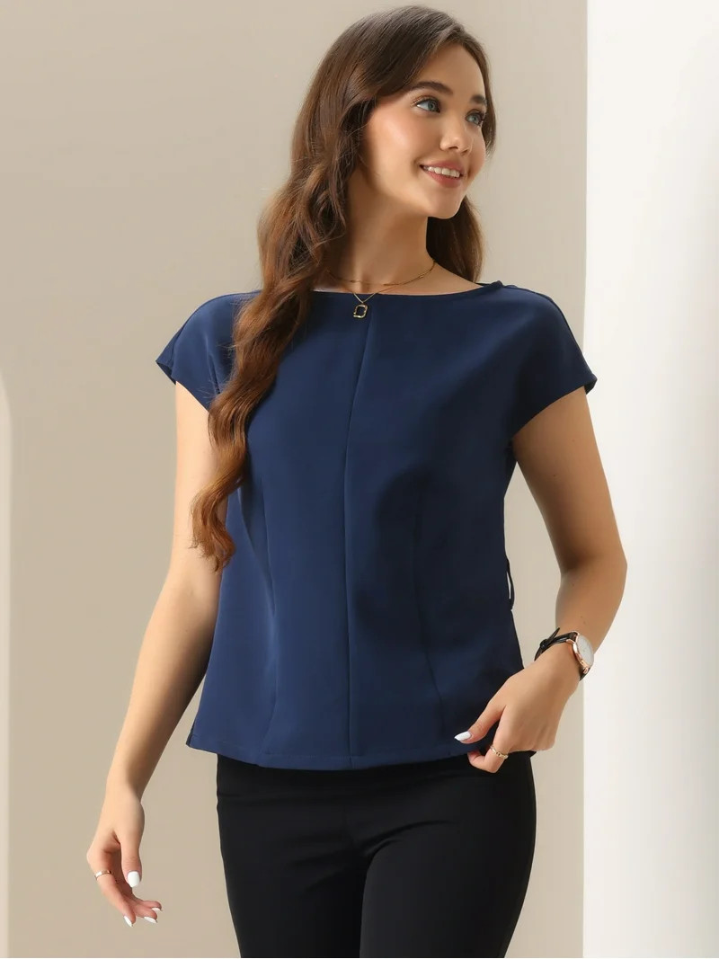 DARING DIVA Women's Cap Sleeve Boat Neck Office Belted Peplum Top S Dark Blue | Walmart (US)