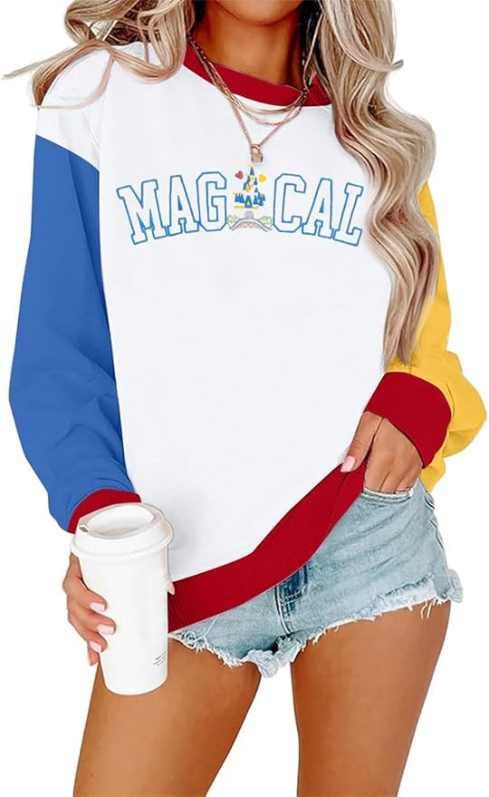 ASTANFY Magic Kingdom Sweatshirt Women Magical Castle Embroidered long Sleeve Shirt Cute Family V... | Amazon (US)