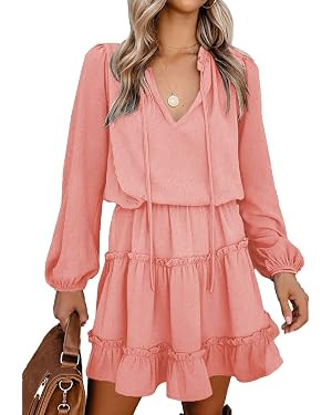 BTFBM Women Casual Spring Summer Dresses Tie V Neck Long Sleeve High Waist Ruffle Tiered A Line S... | Amazon (US)