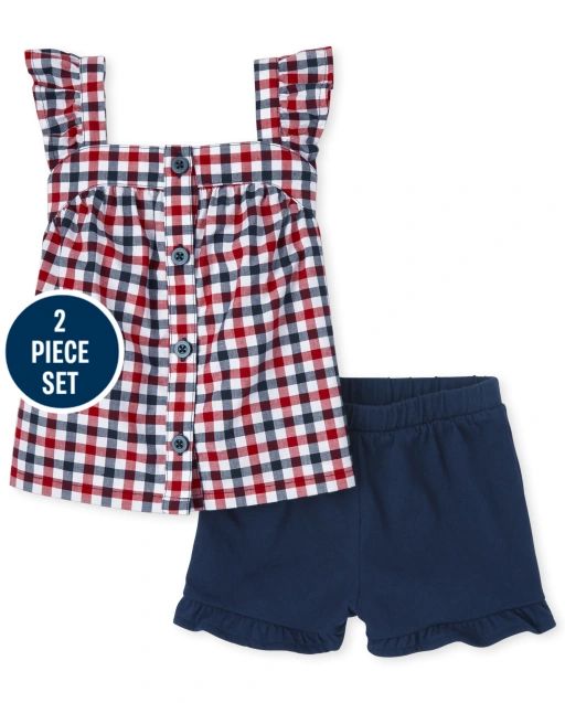 Toddler Girls Americana Sleeveless Plaid Ruffle Poplin Button Down Shirt And Knit Ruffle Shorts 2... | The Children's Place