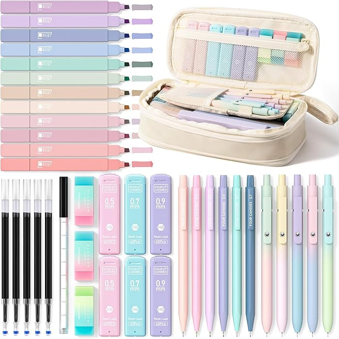 Four Candies 39 PCS Aesthetic School Supplies with Cute Pen Case, 12 Pastel Highlighters, 5 Black... | Amazon (US)
