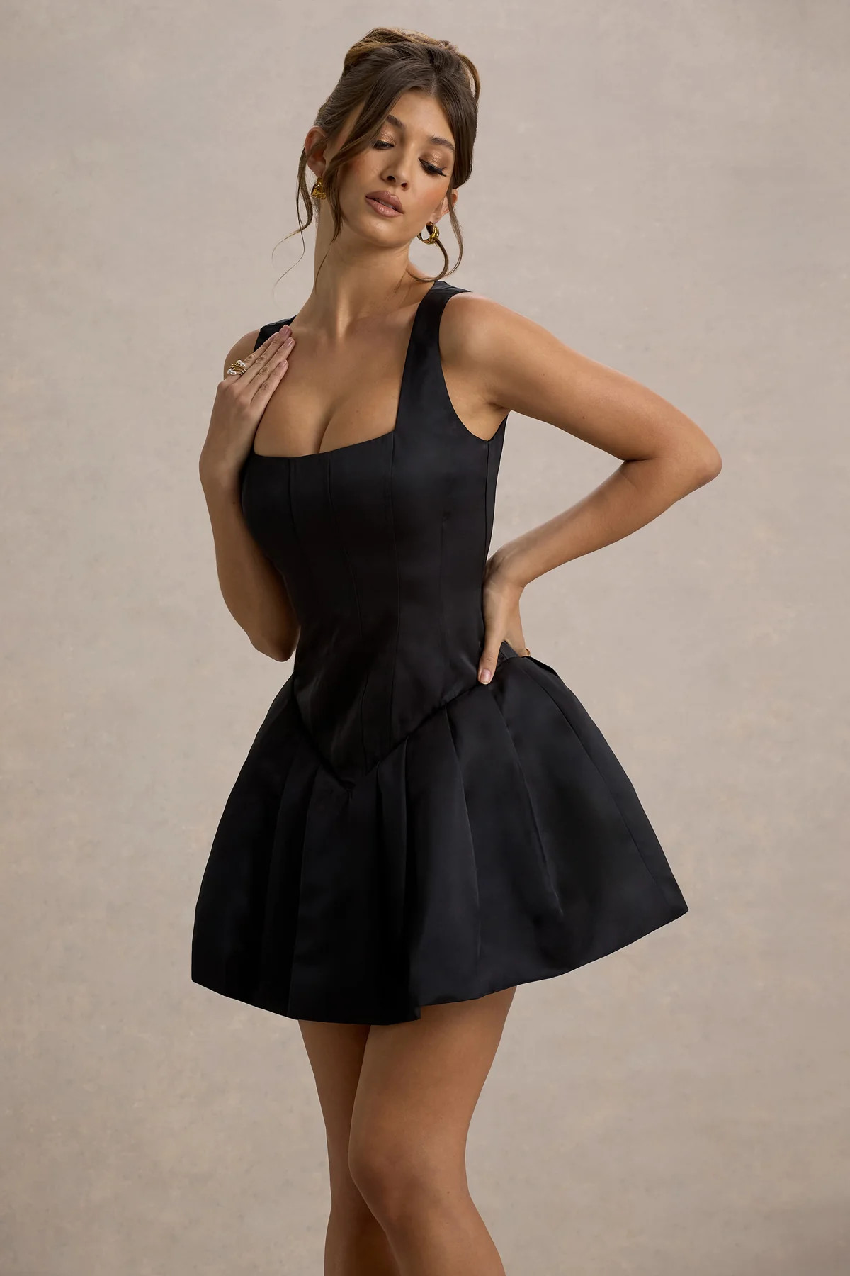 Bramble | Black Satin Square-Neck Puffball Mini Dress | Club L London