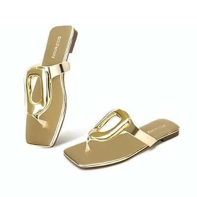 StillFancxy Gold Buckle Flat Sandals for Women Square Toe Dressy Flip Flops Trendy Thong… | Amazon (US)