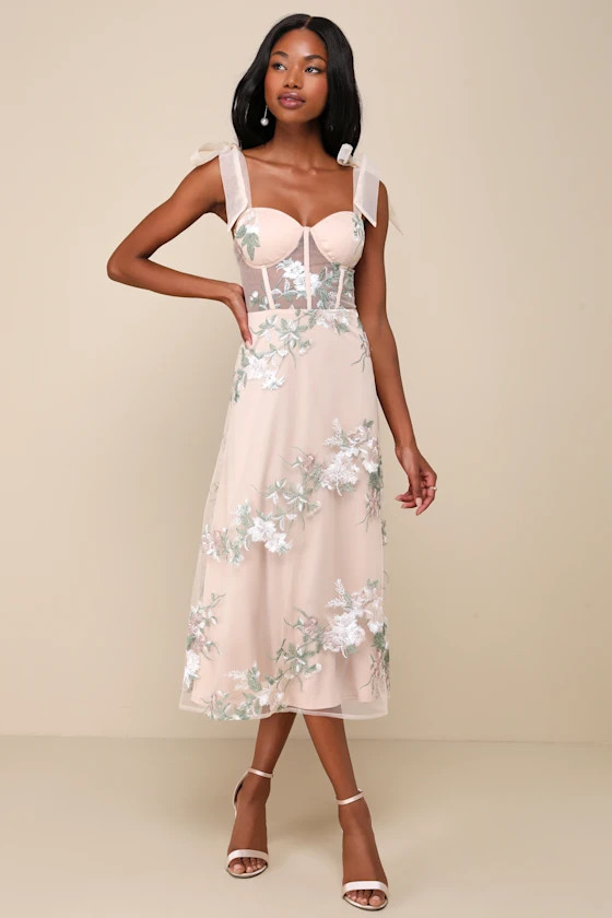 Fairytale Days Beige Mesh Floral Embroidered Bustier Midi Dress | Lulus