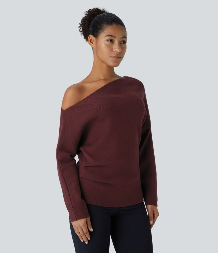 Women’s Off Shoulder Long Sleeve Split Work Sweater - Halara | HALARA