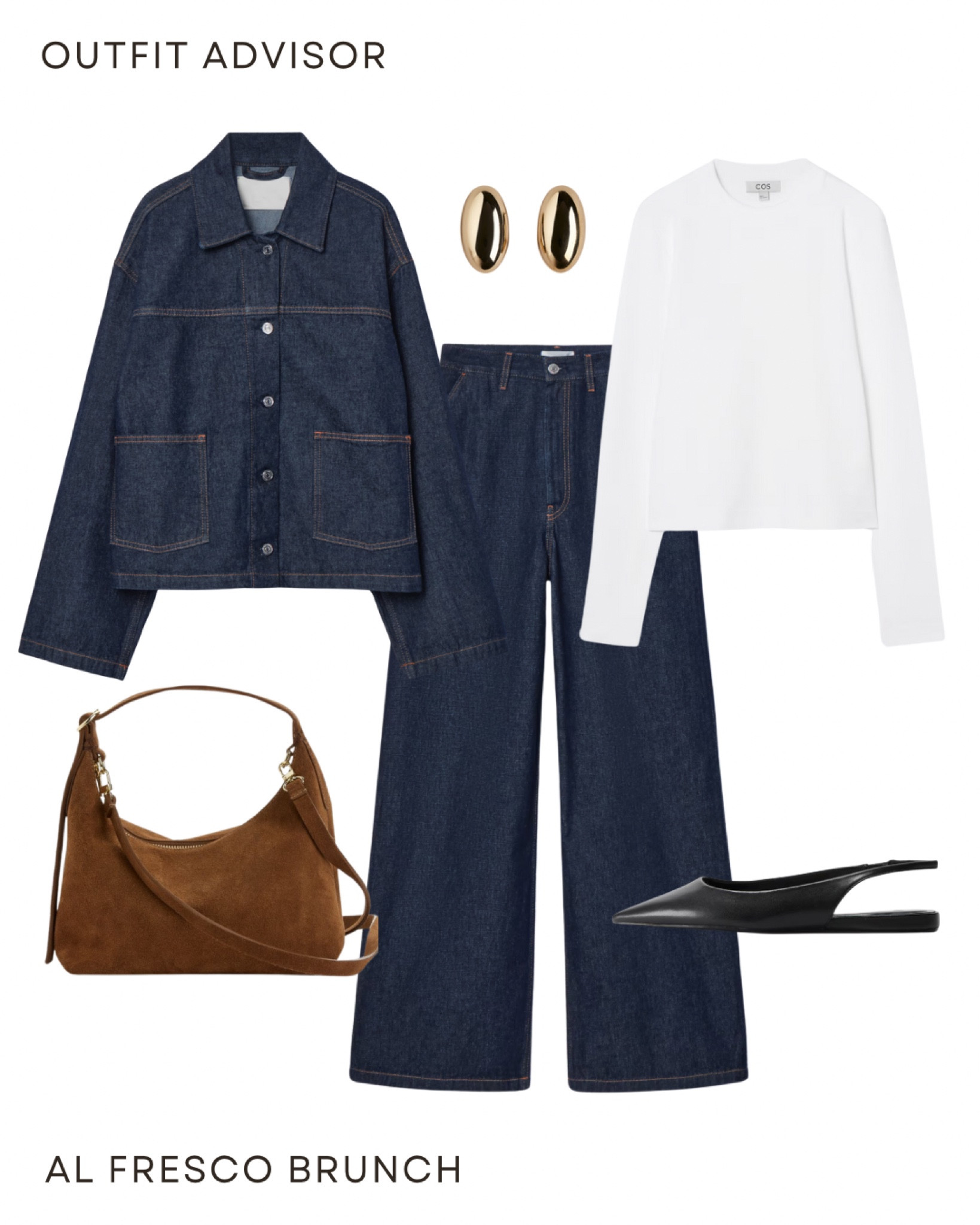 Casual autumn outfit inspo: denim jacket and jeans set, white long sleeve top, slingbackk flats, round gold earrings and a brown suede bag

#LTKautumn #LTKcurves #LTKstyletip