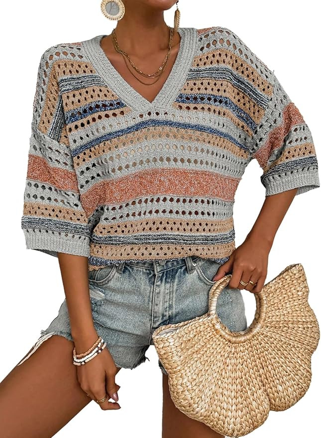 Acelitt Womens Short Sleeve Crochet Knit Sweater Hollow Out Striped Tops Beach Vacation Cruise Ou... | Amazon (US)