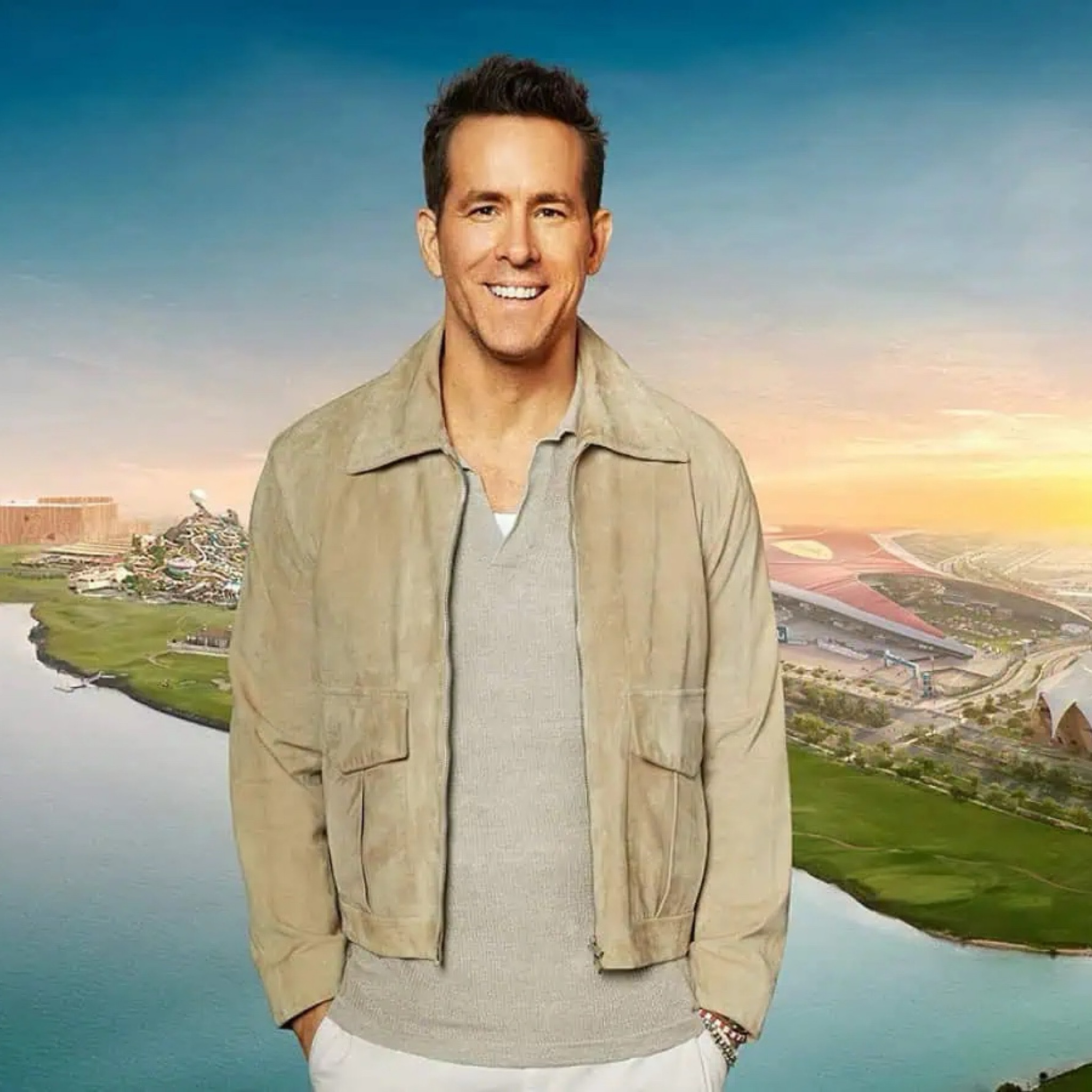 Ryan Reynolds for Yas Island wearing a suede Stoffa bomber jacket. 

#LTKMens #LTKOver40 #LTKStyleTip