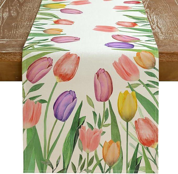 GEEORY Tulips Spring Table Runner 13 x 90 Inch, Floral Decorative Rustic Farmhouse Table Decorati... | Amazon (US)