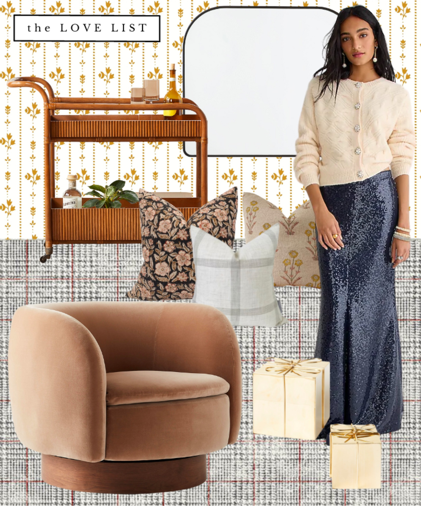 This mix of masculine & feminine, vintage and new, features a glen plaid rug, velvet swivel chair, arch mirror, rattan bar cart, floral stripe wallpaper and vintage floral pillows 

#LTKhome #LTKSeasonal