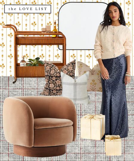 This mix of masculine & feminine, vintage and new, features a glen plaid rug, velvet swivel chair, arch mirror, rattan bar cart, floral stripe wallpaper and vintage floral pillows 

#LTKhome #LTKSeasonal