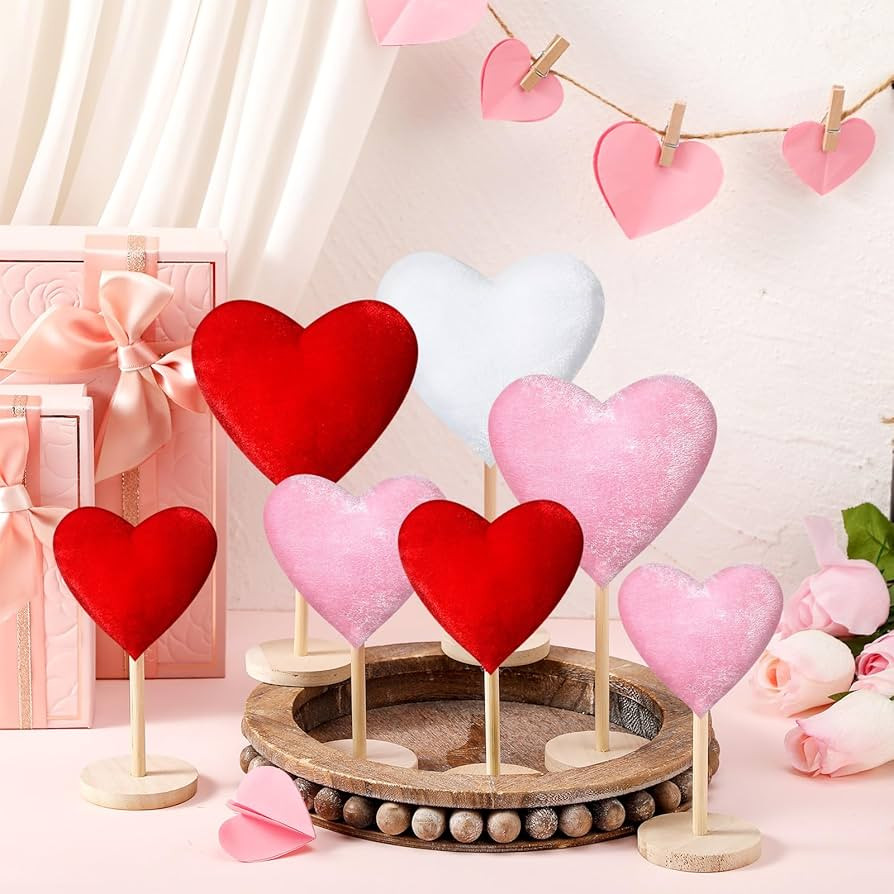 Wenqik 7 Pcs Valentine‘s Day Decorations Velvet Flocked Heart Table Decor Heart Shape Tabletop ... | Amazon (US)