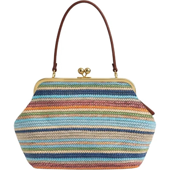 Kiss Lock Woven Straw Handbag, Large Capacity Rainbow Striped Shoulder Bag with Metal Frame, Summ... | Walmart (US)