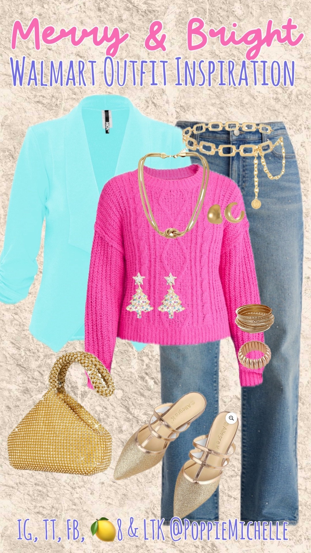 I know I want my holidays to be Merry & Bright!! This is a great start!!

I have this sweater in a Medium. It’s a comfortable fit. I could size down if i wanted a snugger fit.

I have these jeans in a 4 they are true to size. The rise of the jean is good. (No splits up the middle) I wear them with flats bc they hit right at the top of my shoes. I’m a 27x 36 long is my preferred length 

I wear a large in the blazer because of layers

Hi! I’m PoppieMichelle and I love looking good at affordable prices. If you can relate- tap that HEART!

* Like what you see? Look for more linked on my LTK page 
* Not sure what LTK is…. It's an app you can download to EASILY shop ALL my inspo looks
*   Download the LTK app and search PoppieMichelle (or tap my bio>LTK) to shop THIS look & EXCLUSIVE content. 
* Sizing & so much detail is included in my LTK Posts C
*   I'm 5'8 | 148 lbs | Typically a Medium 4/6 (27) | Tall (36) | exact sizing on my LTK CAPTION 

Copy & paste this 🔗 to Sh0p https://www.shopltk.com/explore/PoppieMichelle?tab=posts

#LTKHoliday #LTKFindsUnder50 #LTKootd