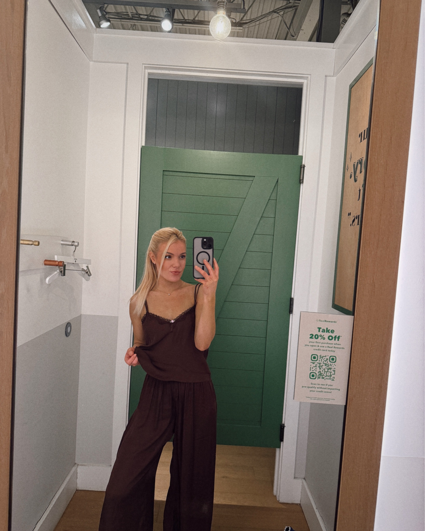 Brown satin pj set wearing XS