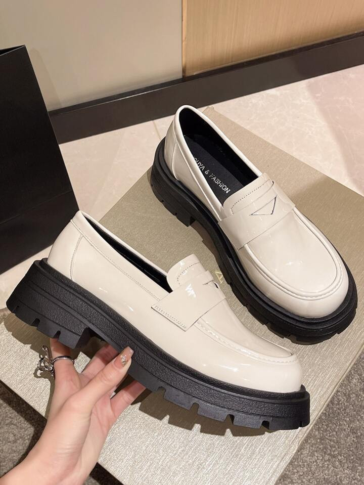 Minimalist Platform Loafers, Beige Fashionable Solid Color Women's Thick Sole Shoes | SHEIN