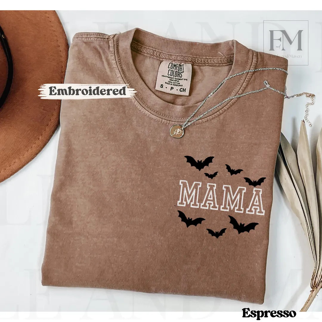 Embroidered Halloween Mama Shirt, Comfort Colors Tee, Spooky Cute Bat Embroidery, Fall Mom Shirt,... | Etsy (US)