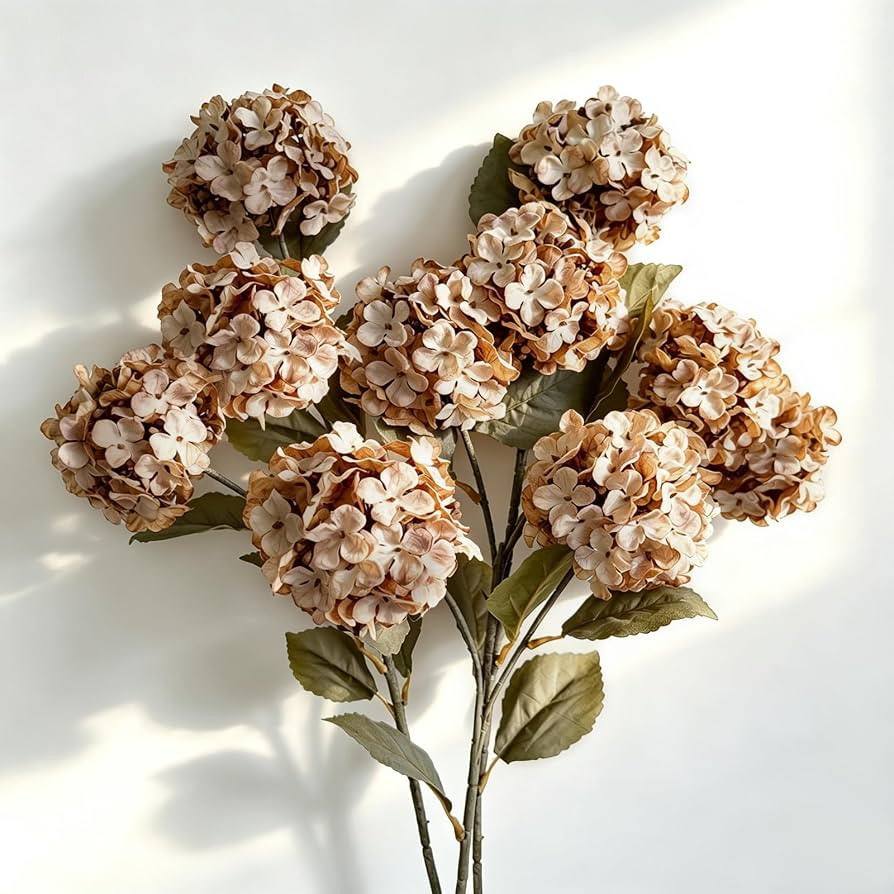 Thewe Brown Hydrangea Artificial Flowers \u2013 30" Long Stem Vintage Fake Flowers, 3 Pcs, Real-T... | Amazon (US)