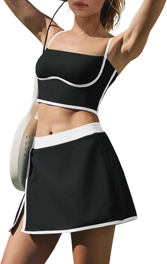 LAMISSCHE Tennis Skirt Sets Women 2 Piece Outfits Yoga Workout Set Skirt and Top Set with Built i... | Amazon (US)