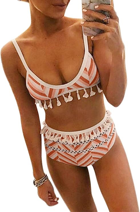 Dokotoo Womens Floral Print High Waist Two Pieces Bikini Set Striped Tassel Swimsuit | Amazon (US)
