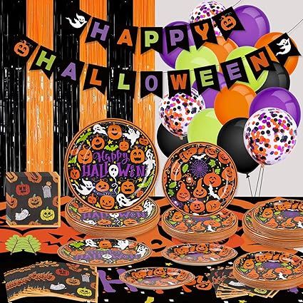 OuMuaMua 125 Pack Halloween Party Decorations Kids - Halloween Paper Plates and Napkins, Table Co... | Amazon (US)