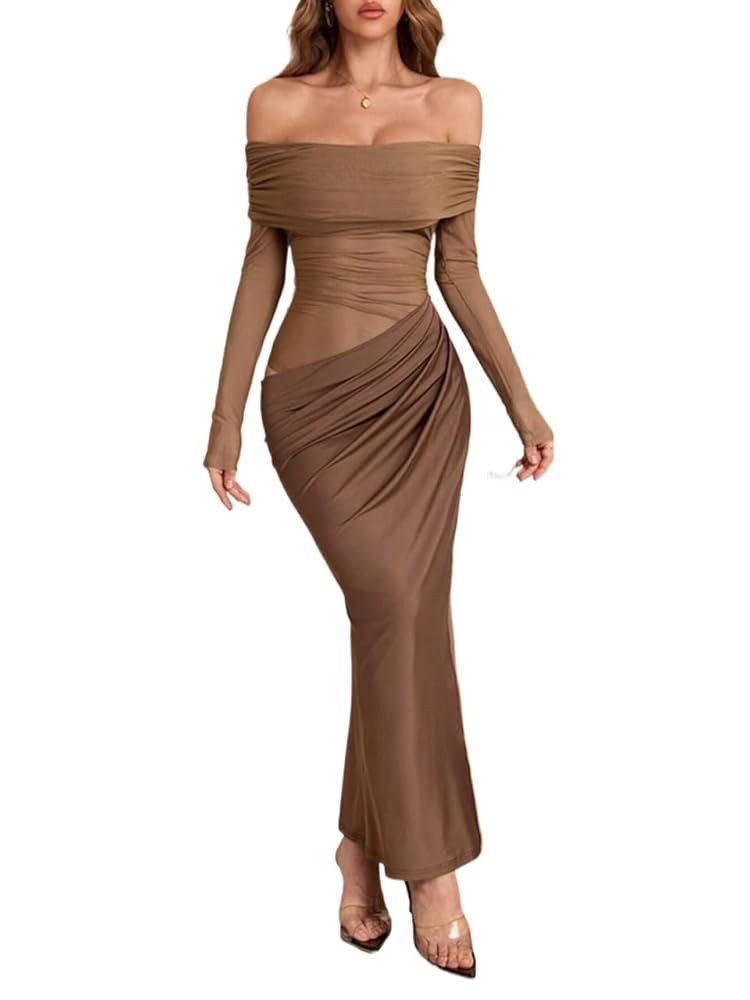 Amazon.com: Women's Long Dresses Solid Color Off-Shoulder Long Net Hollow Out Dress : Clothing, S... | Amazon (US)