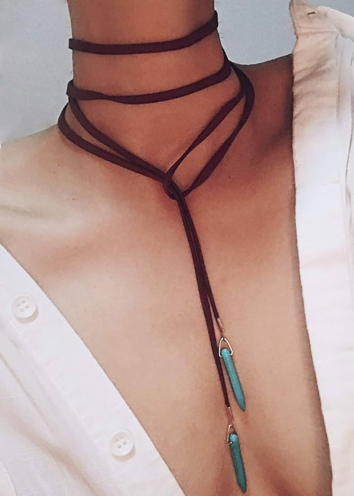 FXmimior Women Necklace Vintage Long Choker with Turquoise Pendant Sexy Rock Handmade Layered Nec... | Amazon (US)
