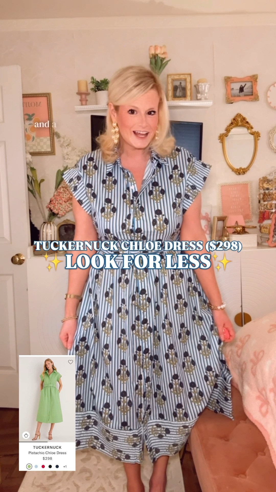 Tuckernuck Chloe dress look for less, Tuckernuck inspired dress, blue floral midi dress, belted shirt dress

The Tuckernuck Chloe dress is $298, and this Amazon find gives you that same polished belted shirtdress look for way less.

I’m in the blue print here, and this one feels especially coastal-preppy: crisp collar, button front, belted waist, full midi skirt, border hem, flutter sleeves, and that easy “why does this look so expensive?” shape.

It’s 100% cotton, lightweight, breathable, and made for warm-weather plans. I’m in a large because I sized up for the bust. If you’re fuller in the bust, I’d consider doing the same.

This is the kind of dress that works for summer wedding guest outfits, bridal showers, baby showers, graduation parties, vacation dinners, church, brunch, resort wear, country club lunches, teacher outfits, summer work outfits, and beach town dinners.

The blue print gives it that coastal Palm Beach feel while still being easy to wear with gold sandals, wedges, raffia, pearl earrings, a straw bag, or simple white accessories.

If you’re searching for Tuckernuck Chloe dress look for less, Tuckernuck Chloe dupe, Tuckernuck inspired dress, blue floral midi dress, belted midi dress women, shirt dress women, cotton midi dress, floral dress women, summer wedding guest dress, bridal shower dress, baby shower dress, graduation guest dress, vacation dress, resort dress, church dress, country club dress, preppy summer dress, Amazon dress find, or designer look for less, this is the one to add to your summer wardrobe.

#LTKFindsUnder100 #Tuckernuck #LookForLess #WeddingGuestDress #PreppyStyle #SummerDress #WeddingGuestOutfit #GraduationDress

#LTKSeasonal #LTKWedding #LTKMidsize