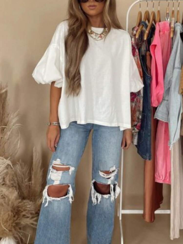 INAWLY Women's Elegant Casual Puff Sleeve Solid Color T-Shirt | SHEIN