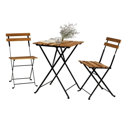 3 Pieces Patio Bistro Set Outdoor Folding Table and Chairs Metal and Wood Patio Dining Set Cushioned | Walmart (US)