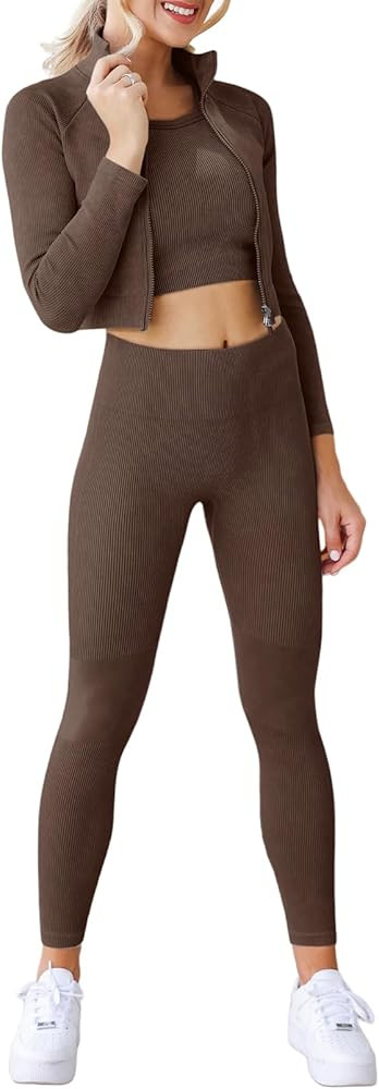 Aleumdr Ribbed 3 Piece Workout Sets for Women Long Sleeve Active Zipper Jackets with Crop Tank an... | Amazon (US)