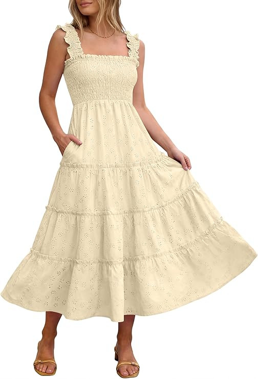 Caracilia Vestido midi de verano para mujer, casual, cuello cuadrado, sin mangas, con ojales, fru... | Amazon (US)