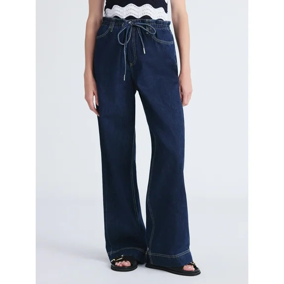 Free Assembly Women's and Women's Plus Loose Fitting Wide Leg Jeans with Adjustable Tie Waist, 32... | Walmart (US)